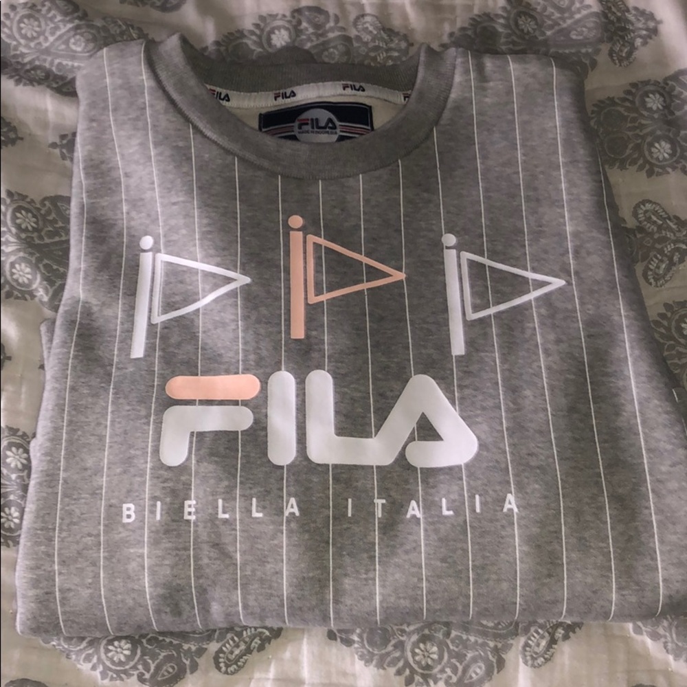 Gray Striped FILA Sweater with White and Pink Logo